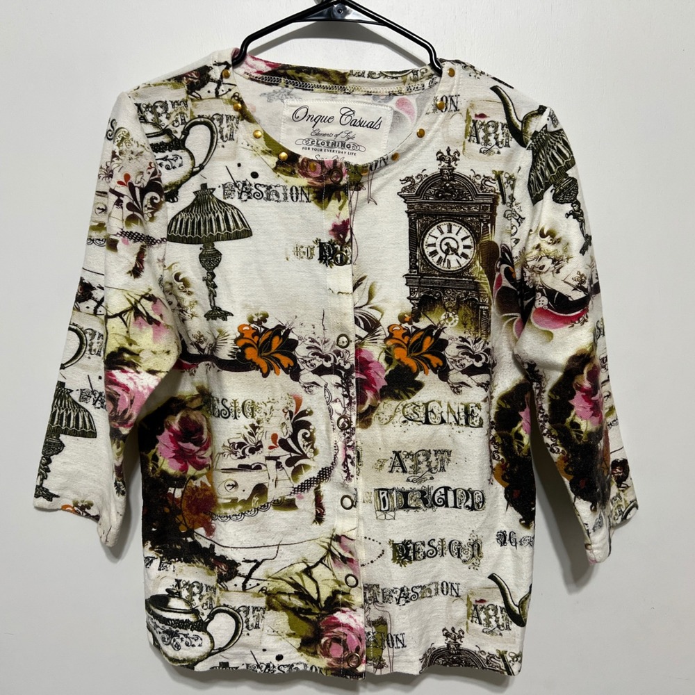 Onque Casuals Womens Whimsical Cardigan Size M 3/4‎ Sleeve Vintage Unique